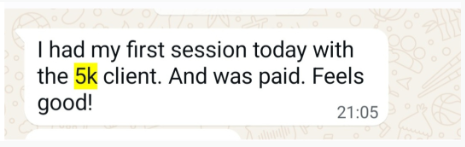 WhatsApp client message about a first paid session