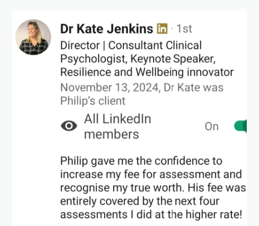 LinkedIn recommendation from Dr Kate Jenkins about increasing her fee